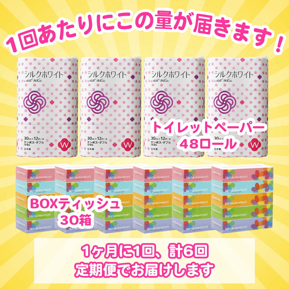 【ふるさと納税】定期便 6回 トイレットペーパー ダブル 48個(30m) & BOX ティッシュ 30箱 セット 無香料 再生紙 100% 日用品 ボックス一関 防災 備蓄 SDGs リサイクル