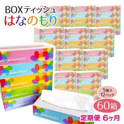 定期便 6回 BOX ティッシュ ペーパー 60箱(5箱×12セット)160組320枚 はなのもり パルプ100% ティッシュペーパー 日用品 ボックス ティシュ 一関 防災 備蓄 箱 6times