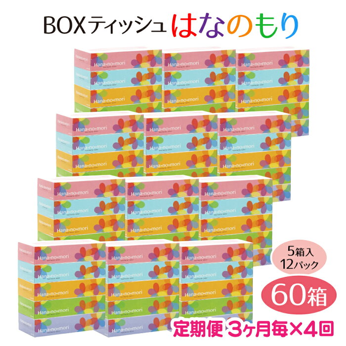 【ふるさと納税】定期便 4回(3ヶ月に1回)BOX ティッシュ ペーパー 60箱(5箱×12セット)160組320枚 はなのもり パルプ100% ティッシュペーパー 日用品 ボックス ティシュ 一関 防災 備蓄 箱