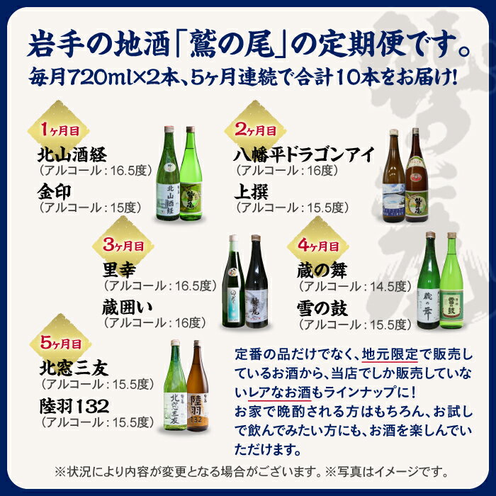 【ふるさと納税】 鷲の尾 毎月違う地酒が届く 定期便 飲み比べ 720ml 毎月2本 5ヶ月 連続 計10種 10本 ／ 澤口酒店 地酒 日本酒 お酒 酒 sake 定期 10種類 自宅用 家庭用 家飲み 宅飲み 晩酌 お取り寄せ 贈り物 贈物 ギフト プレゼント わしの尾 岩手県 八幡平市 送料無料