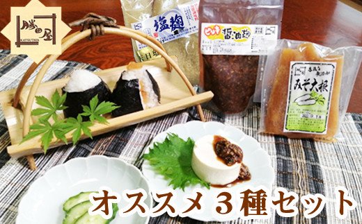 国産大豆使用 勝田屋 オススメ 3種 セット 塩麹 ピリ辛醤油麹 みそ大根 / ご飯のお供 おかず 万能調味料 こうじ 味噌 ミソ みそ 醤油 しょうゆ しょう油 漬け物 ピリ辛 おにぎり 大根 だいこん ダイコン 詰合せ 詰め合わせ 国産 岩手県 八幡平市 送料無料