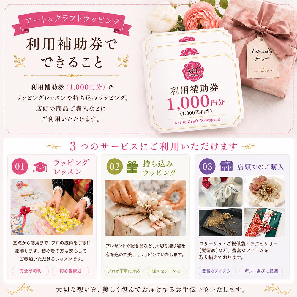 【ふるさと納税】 ラッピング 体験 おすすめ 利用券 3000円分 相当 ( 1000円 × 3枚 ) / チケット ギフト券 クーポン レッスン 包装 リボンアレンジ 体験教室 ギフト プレゼント ハンドメイド クラフト ギフト 人気 オシャレ オススメ 岩手県 滝沢市 送料無料 A＆Cラッピング f032166-takizawa-10001523 岩手県滝沢市 サンプル画像3