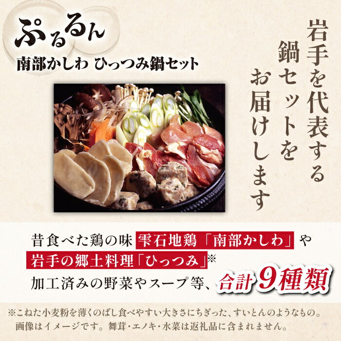 【ふるさと納税】 地鶏 南部かしわ ひっつみ 鍋 セット 総量 2.4kg ／ 鶏肉 肉 お肉 つくね すいとん 地鶏スープ スープ 野菜 家庭用 自宅用 鍋パ おうちごはん お取り寄せ お中元 御中元 お歳暮 御歳暮 国産 パーティー 鍋パーティー 岩手県 雫石町 送料無料 九戸屋肉店