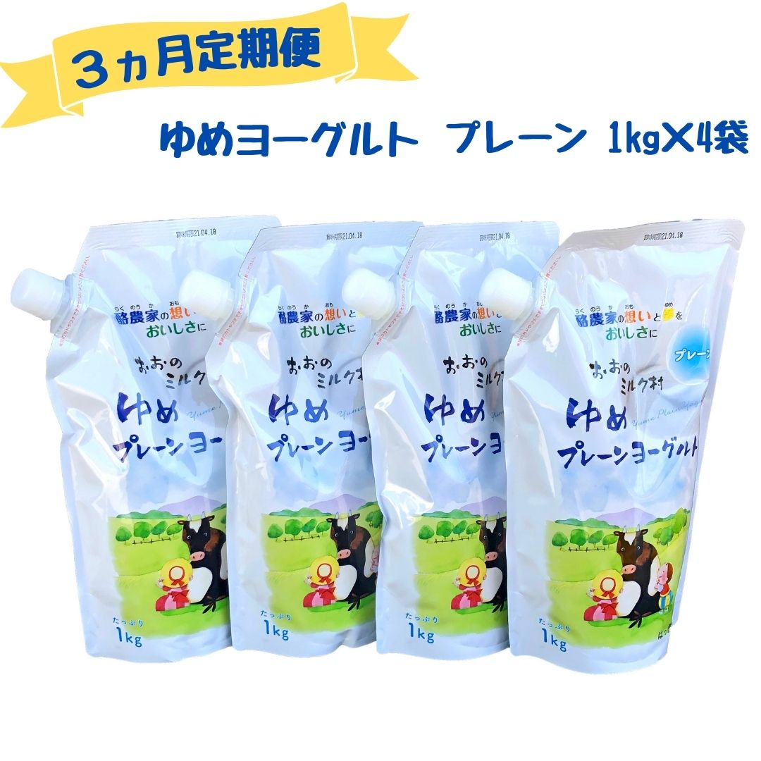 【ふるさと納税】 【3ヵ月定期便】おおのミルク村 ゆめヨーグルト(プレーン)1kg×4袋 酸味を抑えた無糖タイプ 乳酸菌 酪農家の味