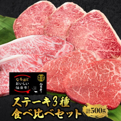 【ステーキ食べ比べ3種】仙台牛サーロイン・トモサンカク・マルシン　計500g【配送不可地域：離島】【1463137】