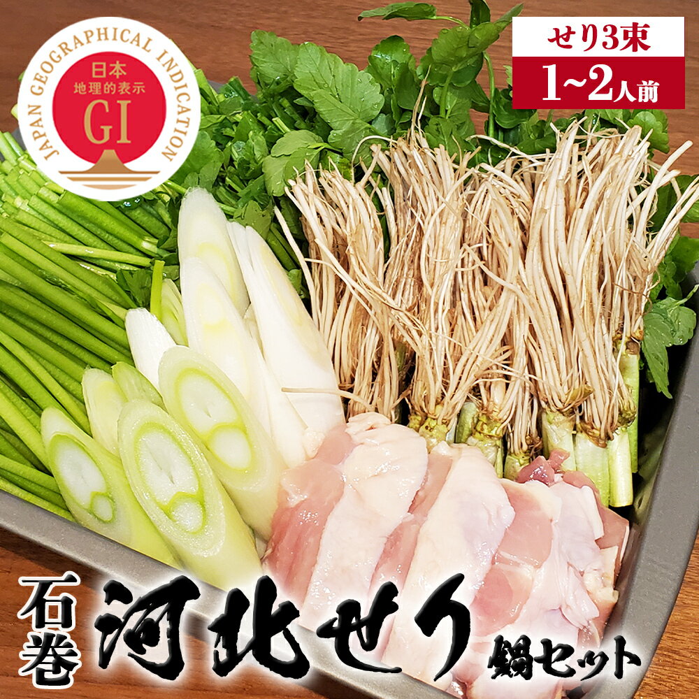 【ふるさと納税】鍋 せり鍋 ＜数量限定＞ 石巻伝統野菜「河北せり」鍋セット（1-2人前・河北せり3束） 宮城県産 セリ鍋 芹 根せり 根っこ GI登録 宮城県 石巻市 せり 長ねぎ パックご飯 スープ 鶏肉 セリ セリ鍋 河北せり 野菜 鍋のサムネイル