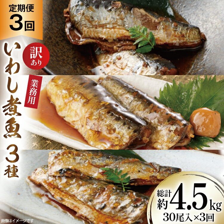 【ふるさと納税】 3回 定期便 訳あり 業務用 いわし煮魚 3種 ×10尾 計30尾入 約1.5kg ×3回 総重量 約4.5kg [カネダイ 宮城県 気仙沼市...