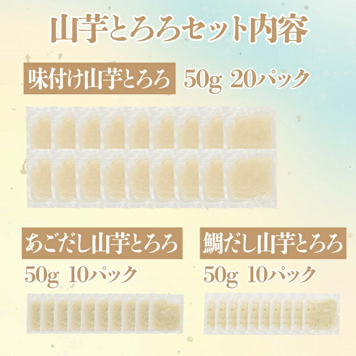 【ふるさと納税】 カキヤ 食通御用達 宮城県内自社工場仕上げ 山芋とろろセット 50g × 40個 （青森県産山芋とろろ50g、山芋とろろあごだし50g、山芋とろろ鯛だし50g） おつまみ やまいも 山芋 とろろ あごだし ごはんのおとも ふるさと納税 宮城県 白石 白石市 【29151】