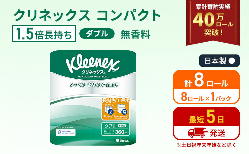 【ふるさと納税】トイレットペーパー ダブル クリネックス 1.5倍長持ち 8ロール ( 8ロール × 1パック ) コンパクト 無香料