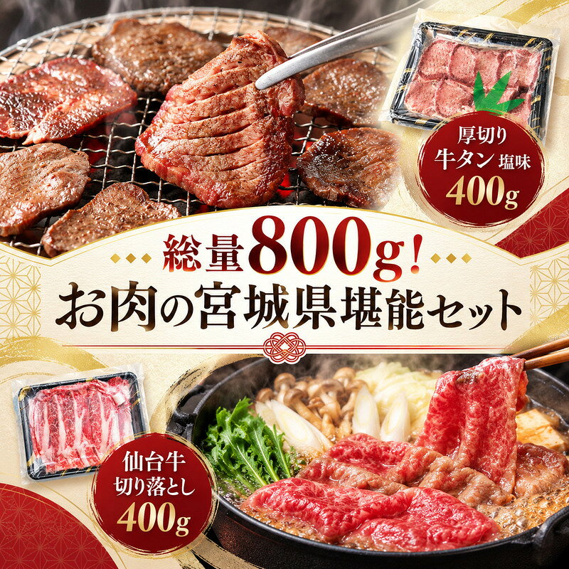 総量800g! お肉の宮城県堪能セット (厚切り 牛タン 塩味 400g & 仙台牛 切り落とし 400g) 焼肉 大河原町