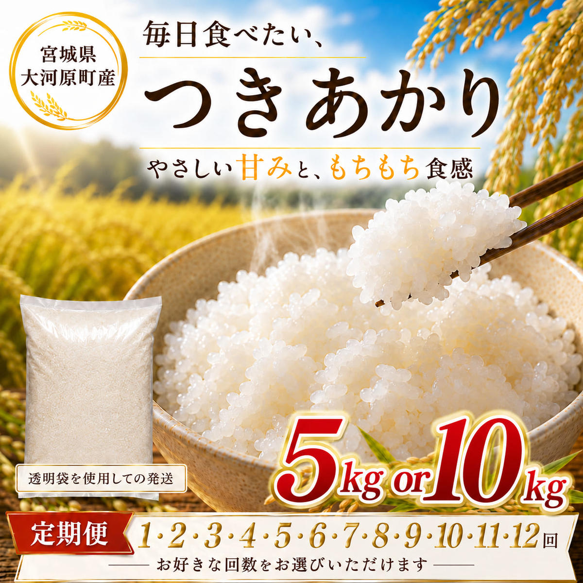 令和8年産 米 定期便 12ヶ月 6ヶ月 3ヶ月 12回 6回 3回 つきあかり 選べる容量 5kg 10kg 新米 先行予約 宮城県産 白米 精米 単品 単一原料米 送料無料 お届け：2026年10月中旬頃から順次発送予定