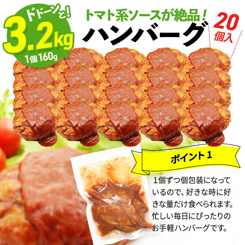 【ふるさと納税】ドドンと3.2kg！《160g×20個》昔懐かしいトマト系デミグラスソースハンバーグ 肉 洋食 簡単 大容量 湯煎 湯せん 個包装