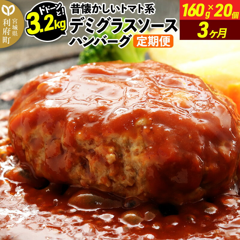 【ふるさと納税】《定期便3ヶ月》ドドンと3.2kg!昔懐かしいトマト系デミグラスソースハンバーグ (160g×20個)×3回 肉 洋食 簡単 大容量 湯煎 湯せん 個包装