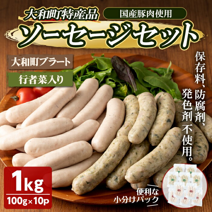 【ふるさと納税】国産豚肉使用！大和町特産品ソーセージのセット(100g×10パック) 行者菜入り 大和ブラート 手作り あらびき 粗挽き 細挽き 肉 加工品 小分け 食べ比べ 冷蔵 安心 安全 おつまみ BBQ バーベキュー【コブレンツ】ta296