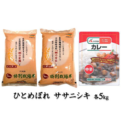 【ふるさと納税】令和3年産 郷の有機使用特別栽培米 ひとめぼれ・ササニシキ 各5kgとエーコープレトルトカレー（中辛）200g×2袋セット　【ひとめぼれ・米・お米・ササニシキ・加工食品・惣菜・レトルト】