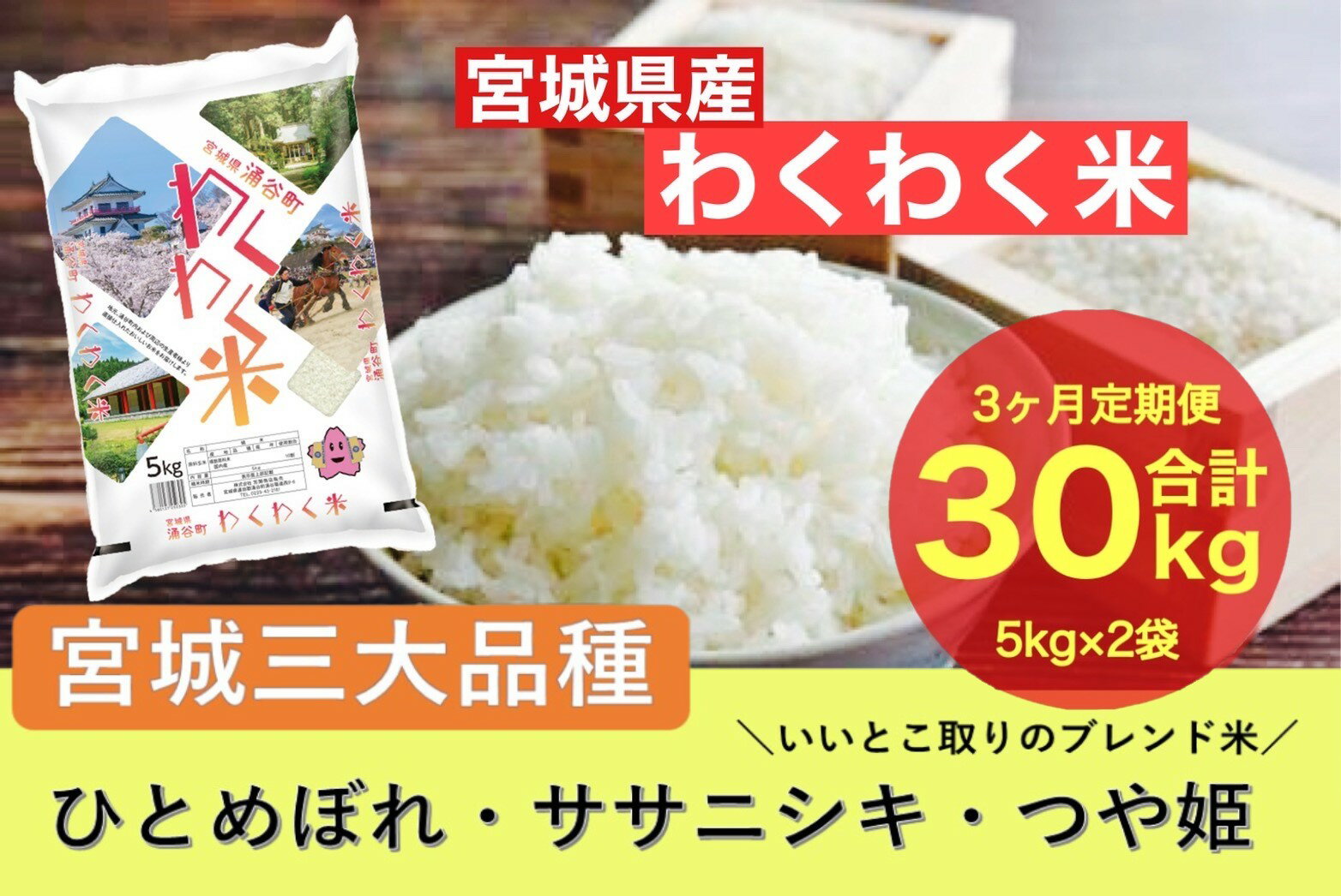 宮城産 ひとめぼれ 【ふるさと納税】【3ヶ月定期便】宮城県産三大銘柄いいとこ取りブレンド米 わくわく米 5kg×2袋入 計30kg　【定期便・ お米 精米 白米 ひとめぼれ ササニシキ つや姫 宮城県産 三大銘柄 】