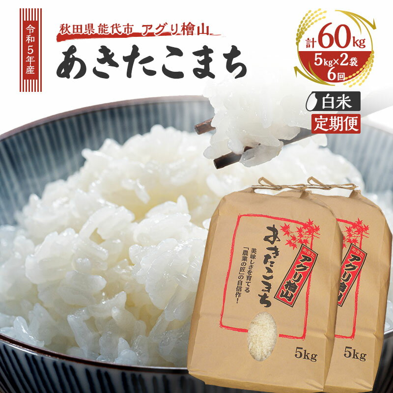 [定期便6ヶ月][白米]秋田県産 あきたこまち 10kg (5kg×2袋)×6回 計60kg アグリ檜山米 令和5年産 [定期便・ ブランド米 冷めてもおいしい ] お届け:入金確認後、翌月25日頃にお届け。以降、毎月25日頃、6ヶ月連続でお届けします。