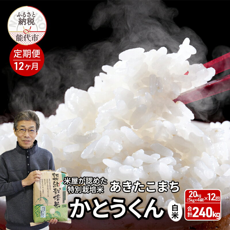【ふるさと納税】《定期便12ヶ月》【令和7年産 新米予約】【白米】特別栽培米 秋田県産 あきたこまち 米屋が認めたお米 「かとうくん」20kg（5kg×4袋）×12回 合計240kg　お届け：2025年12月中旬頃より順次出荷予定
