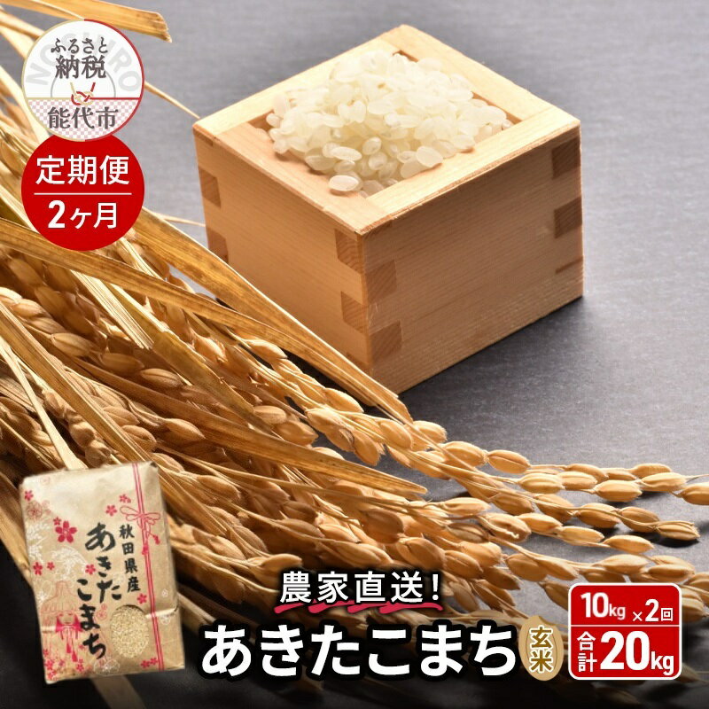 【ふるさと納税】《定期便2ヶ月》玄米 農家直送！うまい!! 本場のあきたこまち 10kg×2回 合計20kg ご飯 ブランド米 おにぎり 令和7年産 産地直送 おこめ ごはん 秋田県 秋田 能代市　お届け：2026年1月中旬頃より順次発送予定