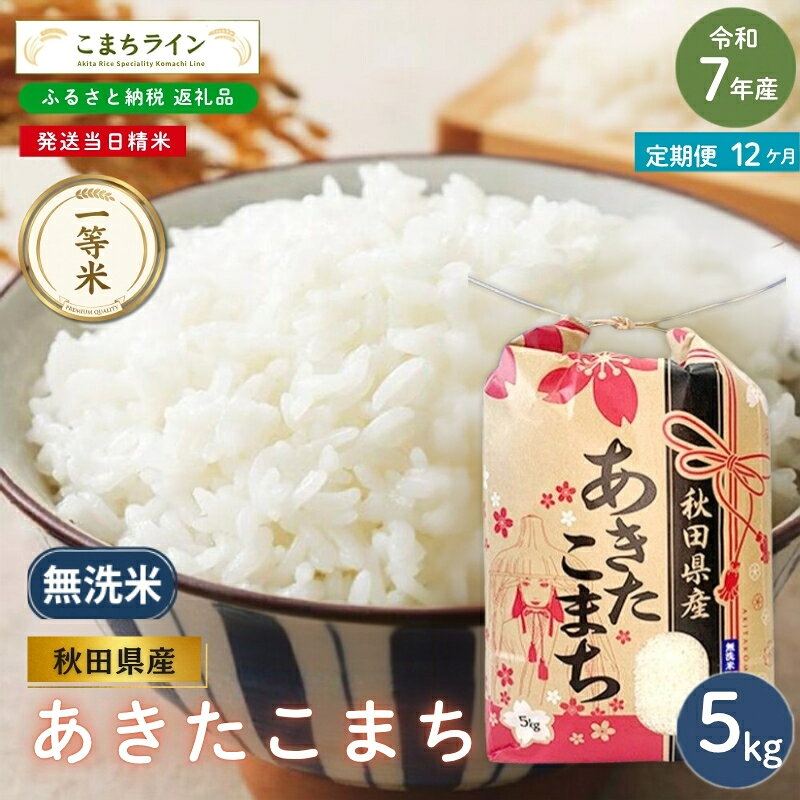 【 12回定期便 】 令和7年産 あきたこまち 無洗米 5kg×12回 秋田県産 米 一等米 ブランド米 60キロ 精米 精米したて 一人暮らし 秋田 能代 能代市 送料無料 《こまちライン》 お届け：入金確認後、翌月中旬頃にお届けいたします。