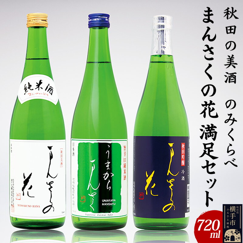 全国にファンの多い日の丸醸造の「純米酒 まんさくの花」と、辛さの中に旨味を感じる「特別純米 うまからまんさく」、冷やして美味しい「吟醸冷酒 まんさくの花」の飲み比べができる大満足セットです。 【純米酒 まんさくの花】 穏やかながらも美しい香りを持ち、酸味と辛味のバランスが絶妙な純米酒です。 大吟醸並みの低温で丁寧に発酵を進めているため、綺麗で上質な味わいがお楽しみいただけます。きめ細かい優しい口当たりで、お料理の味をより一層引き立ててくれる1本です。 【特別純米 うまからまんさく】 旨みのある辛口がテーマの特別純米酒です。旨味に包まれた辛さで飲みやすく、辛口党の方は勿論、辛口が苦手という方でも美味しくいただける一本です。 「うまみのある辛口」は毎日のお料理と好相性。旨味が強いので、味の濃いお肉料理などにも負けず、味の相乗効果が期待できます。 【吟醸冷酒 まんさくの花】 厳寒期に時間をかけてきめ細かく丁寧に醸した吟醸仕込み新酒を生のまま貯蔵し、その後一度だけ加熱殺菌したフレッシュなお酒です。 ※本返礼品の主要な部分は、横手市にて生産、製造または加工したものが占めております。 返礼品詳細 名称 【秋田の美酒飲み比べ】まんさくの花　満足セット　720ml×3本 内容量 純米酒　まんさくの花　720ml×1本 特別純米酒　うまからまんさく　720ml×1本 吟醸冷酒　まんさくの花　720ml×1本 原材料 純米酒　まんさくの花 米(国産)・米麹(国産米) 特別純米酒　うまからまんさく 米(国産)・米麹(国産米) 吟醸冷酒　まんさくの花 米(国産)・米麹(国産米)・醸造アルコール 製造地 すべて秋田県横手市 保存方法 常温 注意事項 日光の当たらない涼しい場所で保管してください。 ※画像はイメージです。 提供元 秋田「まんさくの花」醸造元　日の丸醸造株式会社 配送温度帯 常温 ・寄附申込みのキャンセル、返礼品の変更・返品はできません。あらかじめご了承ください ・ふるさと納税よくある質問はこちら