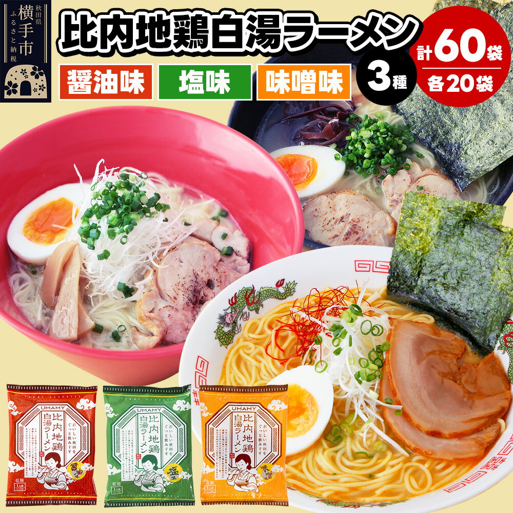 【ふるさと納税】比内地鶏白湯ラーメン 3種セット(醤油味・塩味・味噌味) 3種×各20袋