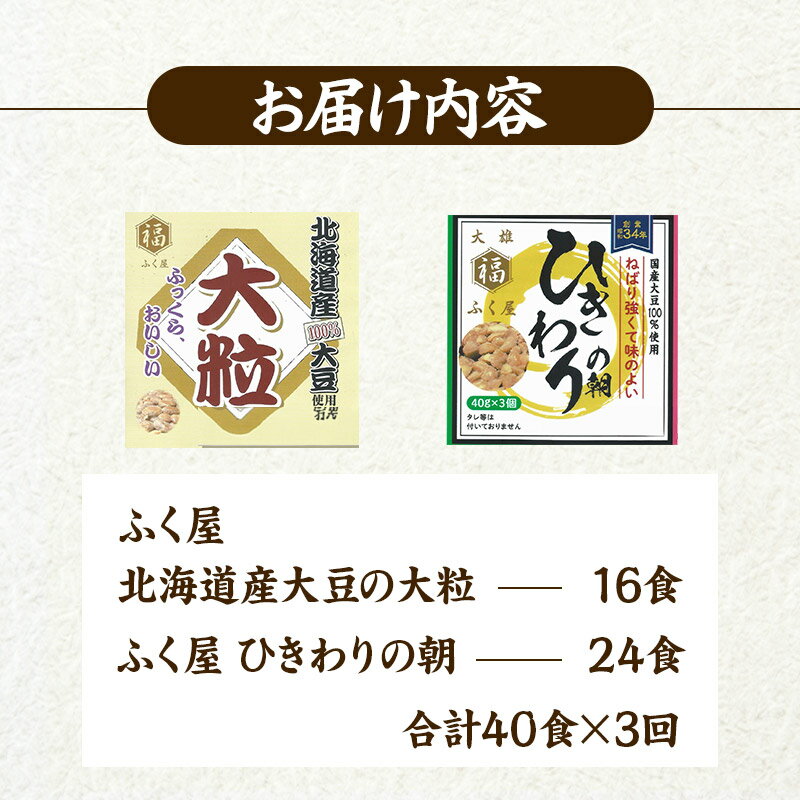 【ふるさと納税】《定期便3ヶ月》ふく屋 納豆2種セット(大粒・ひきわり) 計40食入(大粒×16食／ひきわり×24食)