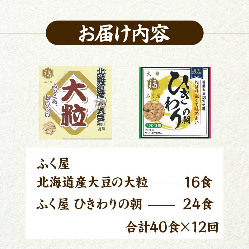 【ふるさと納税】《定期便12ヶ月》ふく屋 納豆2種セット(大粒・ひきわり) 計40食入(大粒×16食／ひきわり×24食)