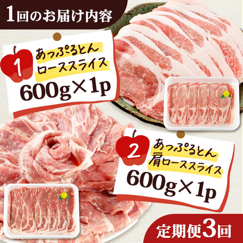 【ふるさと納税】《定期便3ヶ月》 秋田県横手市産 あっぷるとん ローススライス＆肩ローススライス詰合せ 合計1.2kg（600g×各1パック）豚肉