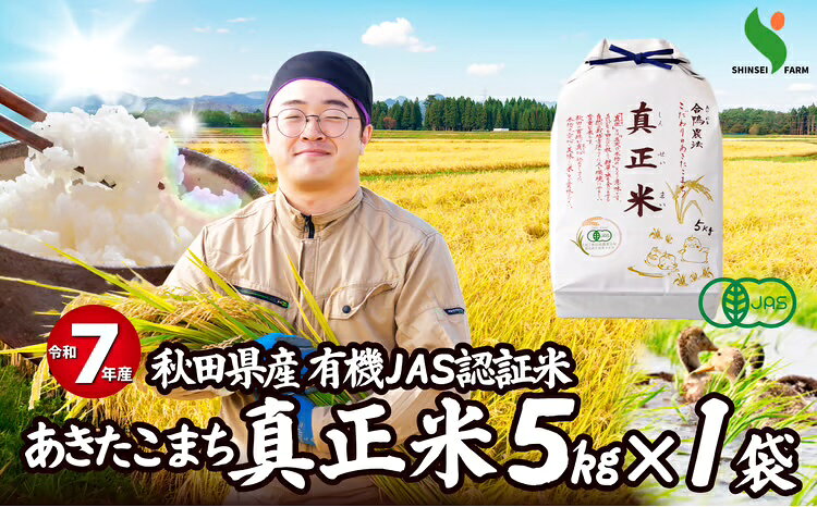 【ふるさと納税】【令和7年産先行受付】秋田県産有機JAS認証米あきたこまち「真正米」 5kg×1袋 【2025年産 白米 精米 東北産 粘り 弾力性 節約 手間なし 国産 旨み 香り 栄養 のし対応可能 おにぎり お弁当 送料無料】 90P9034【(有)真正ファーム】