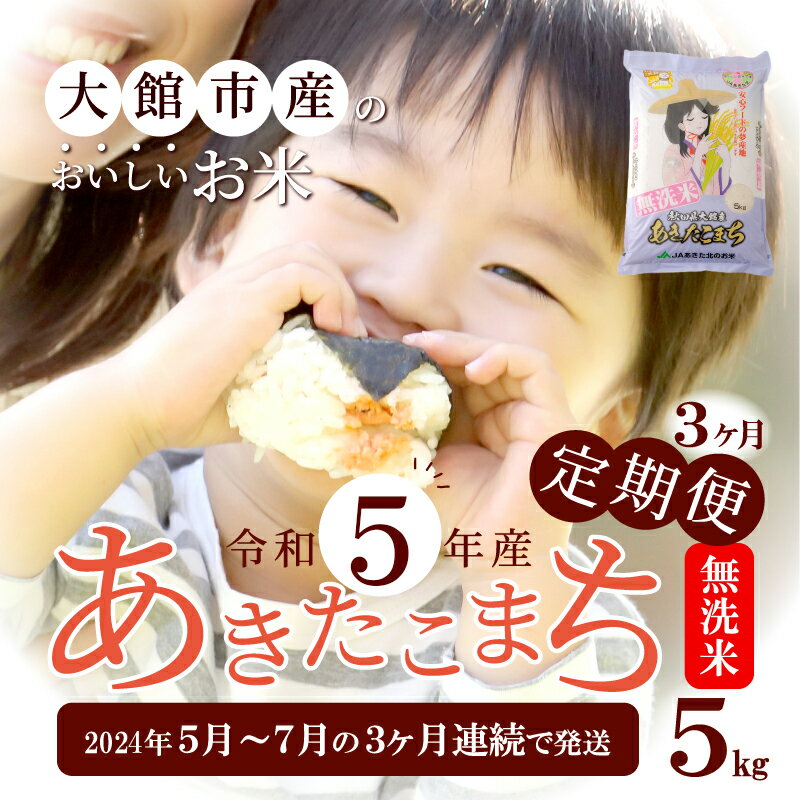 【ふるさと納税】米 定期便 無洗米 5kg あきたこまち 3ヶ月 令和5年産 5月〜7月配送 精米 白米 お米 粘り 弾力 光沢 モチモチ 弁当 おにぎり 冷めてもおいしい 大館 お取り寄せ 食品 東北 秋田県 送料無料 農協 (株)JAあきた北ライフサービス