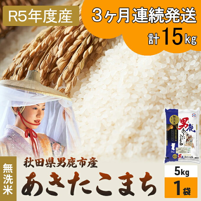 【ふるさと納税】定期便 無洗米 令和5年産 あきたこまち 5kg×1袋 3ヶ月連続発送（合計 15kg） 秋田食...