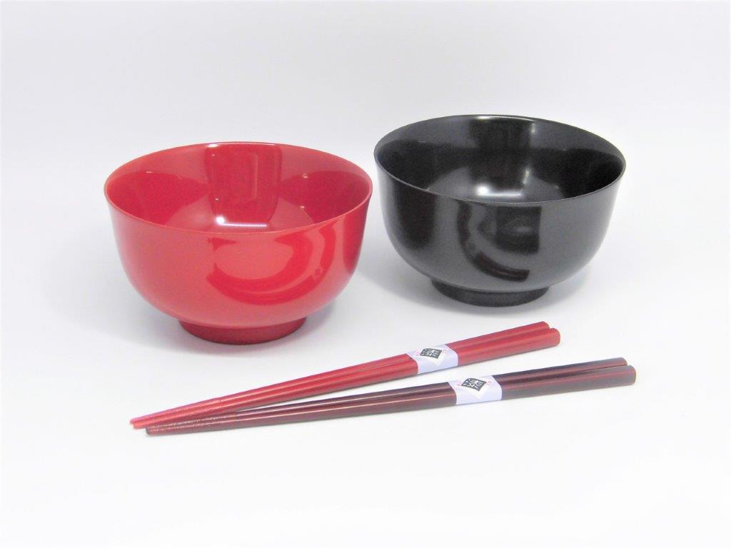 川連漆器 燻椀 夫婦小丼 すべらない箸セット[N2-5401]