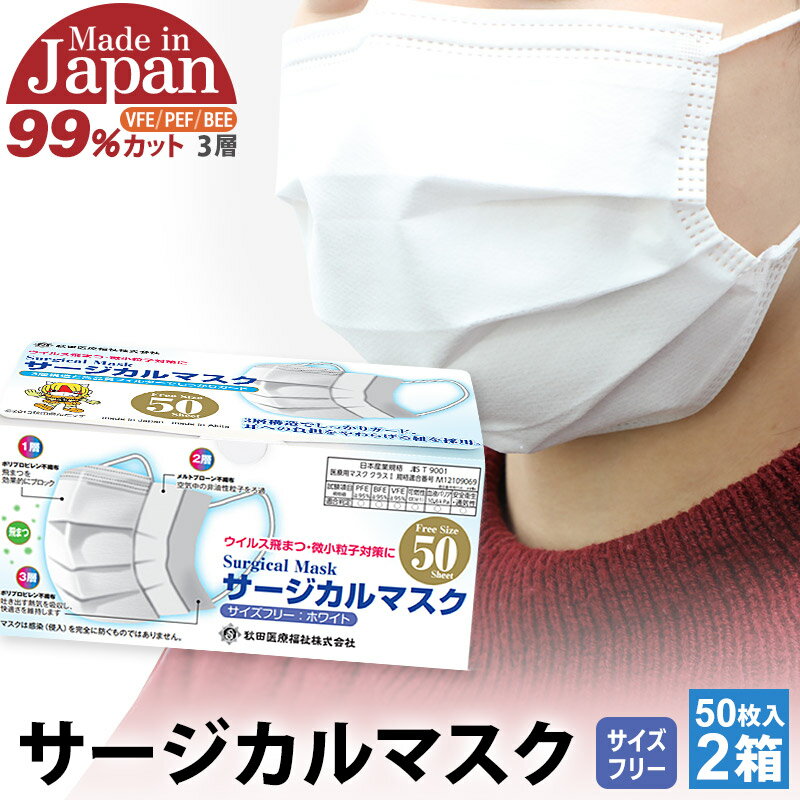 テレビで紹介! 国内製造 高性能サージカルマスク 普通サイズ 50枚入り×2箱 (合計100枚)