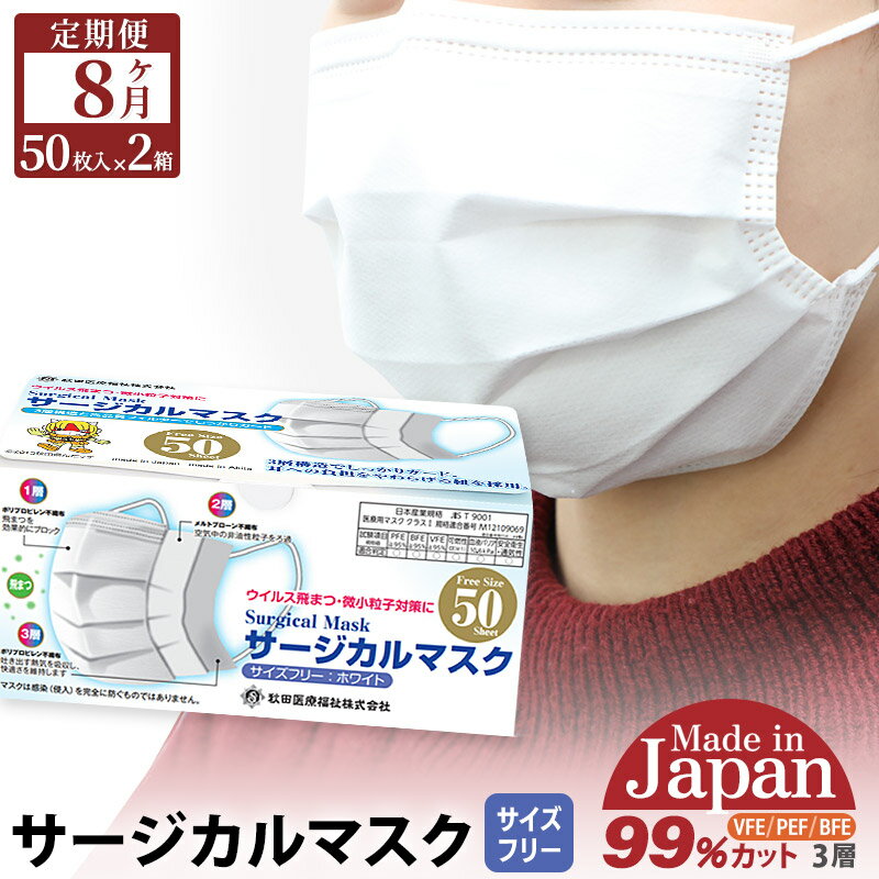 《定期便8ヶ月》国内製造 高性能サージカルマスク 普通サイズ 50枚入り×2箱 (合計100枚)×8回 8か月 8ヵ月 8カ月 8ケ月