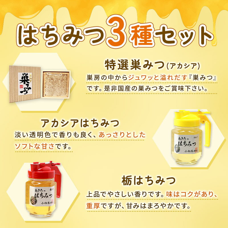 【ふるさと納税】小松養蜂場 はちみつ 秋田県産 100％ 巣みつ(アカシア) +アカシア・栃はちみつ各 250g セット
