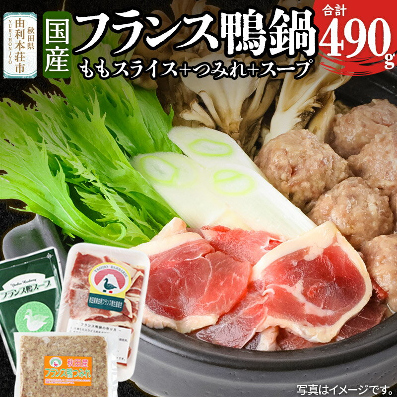 国産 フランス鴨 鍋つみれセット 合計490g(モモスライス240g 鴨つみれ250g スープ200ml×2)鴨肉 冷凍 秋田県 由利本荘市