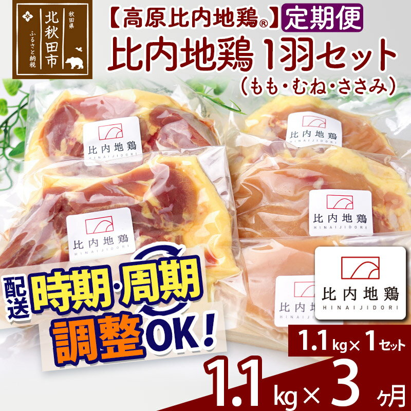 【ふるさと納税】 《定期便3ヶ月》 高原比内地鶏 正肉 1羽分×1セット もも肉 むね肉 ササミ 1.1kg(1.1kg×1セット)×3回 計3.3kg 時期選べる お届け周期調整可能 小分け 個包装 国産 冷凍 鶏肉 鳥肉 とり肉 モモ肉 3か月 3ヵ月 3カ月 3ケ月