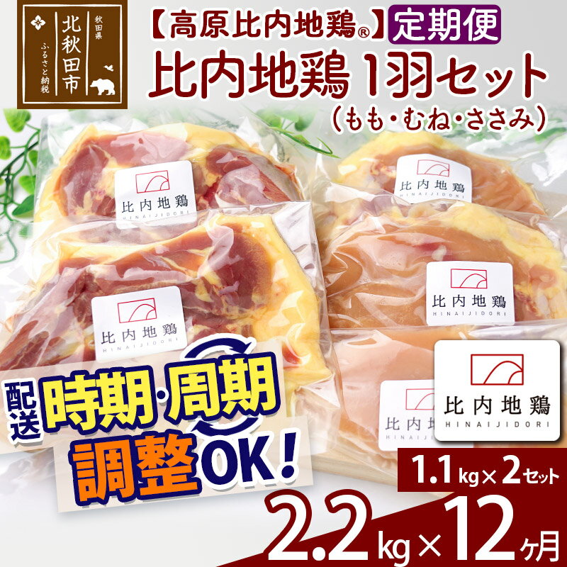 《定期便12ヶ月》 高原比内地鶏 正肉 1羽分×2セット もも肉 むね肉 ササミ 2.2kg(1.1kg×2セット)×12回 計26.4kg 時期選べる お届け周期調整可能 小分け 個包装 国産 冷凍 鶏肉 鳥肉 とり肉 モモ肉 12か月 12ヵ月 12カ月 12ケ月