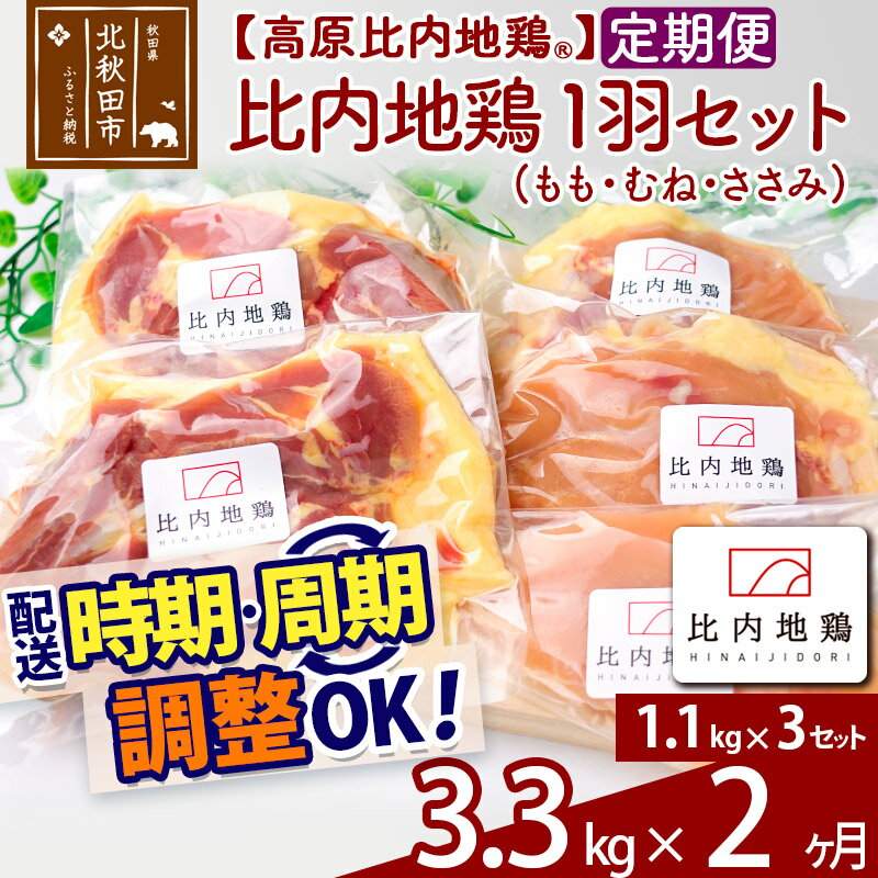 楽天秋田県北秋田市【ふるさと納税】《定期便2ヶ月》 高原比内地鶏 正肉 1羽分×3セット もも肉 むね肉 ササミ 3.3kg（1.1kg×3セット）×2回 計6.6kg 時期選べる お届け周期調整可能 小分け 個包装 国産 冷凍 鶏肉 鳥肉 とり肉 モモ肉 2か月 2ヵ月 2カ月 2ケ月 【選べる配送時期】