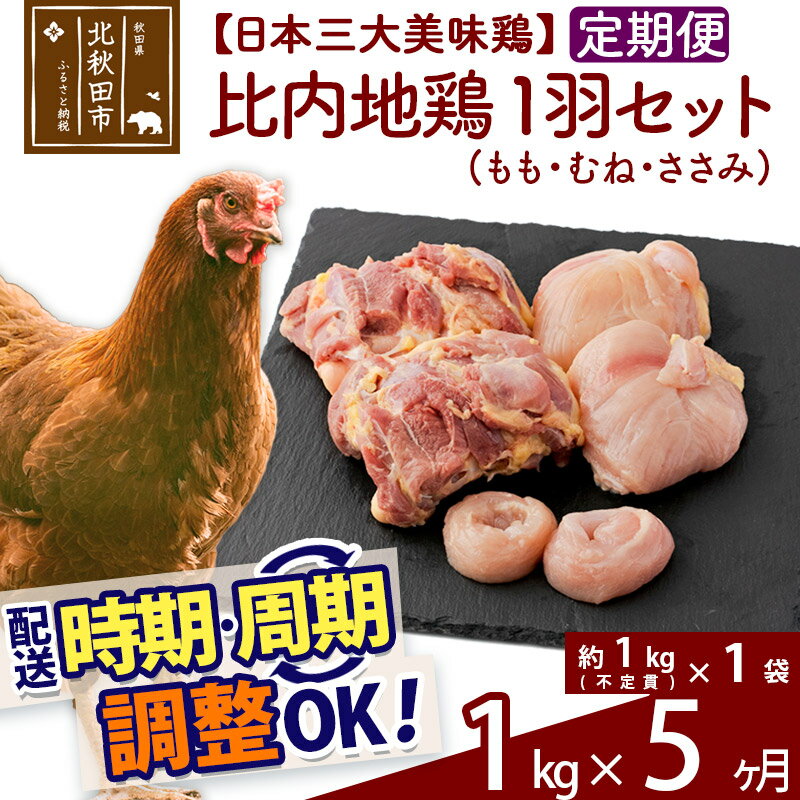 「歯ごたえ、風味は別格！日本三大美味鶏の比内地鶏」 比内地鶏のパーツのうち、大きくておいしい「もも、むね、ささみ」を正肉と呼んでいます。 こちらの返礼品は「もも、むね、ささみ」をカットせずに各2枚ずつお届けします。 比内地鶏は日本三大美味鶏のひとつに数えられ、その歯ごたえもさることながら、もも肉にはイノシン酸やアラキドン酸、カルノシン、アンセリンといった豊富な成分による味わいの深さが特徴です。JA全農北日本くみあい飼料株式会社では、飼料や飼育にこだわり、徹底した衛生管理のもと、秋田県比内地鶏ブランド認証を受けた品質を実現しています。 1枚肉なのでお好みのサイズにカットしていただき、ふだんお使いの鶏肉と同じように調理していただき、歯ごたえと風味の違いをお楽しみください。 調理法はお好みですが、歯ごたえと味があるので揚げ物よりも煮物や焼き物の方がおすすめです。 冷凍でお届けします。冷蔵庫などで解凍してお使いください。 1kg入り（不定貫）のパックを1パックセットでお届けします。■定期便について 月1回×5ヶ月連続の定期便となります。2回目以降はその翌月、同じ時期を目途に発送致します。 例）　初回発送が10月上旬の場合 　　　2回目の発送は11月上旬に発送 　　　3回目の発送は12月上旬に発送※定期便のご利用（お届け時期調整）には、規定がございます。詳しくはこちら 商品説明 名称 とり肉 産地 秋田県 内容量 1kg（約1kg(不定貫)×1袋）×5ヶ月（セット内容：モモ肉・ムネ肉・ササミ　各2枚） 配送温度帯 冷凍 賞味期限 加工日より2年間 提供元 JA全農北日本くみあい飼料株式会社 たかのす事業所　秋田比内地鶏加工センター 秋田県北秋田市川井字漣岱72 配送不可地域 離島 ・寄付申込みのキャンセル、返礼品の変更・返品はできません。あらかじめご了承ください。 ・ふるさと納税よくある質問はこちら