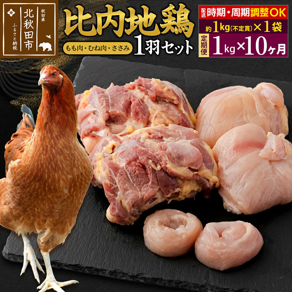 [定期便10ヶ月] 比内地鶏 1羽セット(もも・むね・ささみ) 約1kg(約1kg(不定貫)×1袋)×10回 計10kg 時期選べる お届け周期調整可能 10か月 10ヵ月 10カ月 10ケ月 10キロ 国産 冷凍 正肉 鶏肉 鳥肉