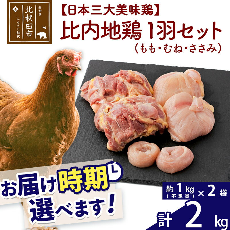 「歯ごたえ、風味は別格！日本三大美味鶏の比内地鶏」 比内地鶏のパーツのうち、大きくておいしい「もも、むね、ささみ」を正肉と呼んでいます。 こちらの返礼品は「もも、むね、ささみ」をカットせずに各2枚ずつお届けします。 比内地鶏は日本三大美味鶏のひとつに数えられ、その歯ごたえもさることながら、もも肉にはイノシン酸やアラキドン酸、カルノシン、アンセリンといった豊富な成分による味わいの深さが特徴です。JA全農北日本くみあい飼料株式会社では、飼料や飼育にこだわり、徹底した衛生管理のもと、秋田県比内地鶏ブランド認証を受けた品質を実現しています。 1枚肉なのでお好みのサイズにカットしていただき、ふだんお使いの鶏肉と同じように調理していただき、歯ごたえと風味の違いをお楽しみください。 調理法はお好みですが、歯ごたえと味があるので揚げ物よりも煮物や焼き物の方がおすすめです。 冷凍でお届けします。冷蔵庫などで解凍してお使いください。 1kg入り（不定貫）のパックを2パックセットでお届けします。 商品説明 名称 とり肉 産地 秋田県 内容量 計2kg（約1kg(不定貫)×2袋）（セット内容：モモ肉・ムネ肉・ササミ　各2枚） 配送温度帯 冷凍 賞味期限 加工日より2年間 提供元 JA全農北日本くみあい飼料株式会社 たかのす事業所　秋田比内地鶏加工センター 秋田県北秋田市川井字漣岱72 配送不可地域 離島 ・寄付申込みのキャンセル、返礼品の変更・返品はできません。あらかじめご了承ください。 ・ふるさと納税よくある質問はこちら類似商品はこちら 比内地鶏 1羽セット 約2kg×2袋）×1408,000円 比内地鶏 1羽セット 約2kg×2袋）×1374,000円 比内地鶏 1羽セット 約2kg×2袋）×1340,000円 比内地鶏 1羽セット 約2kg×2袋）×9306,000円 比内地鶏 1羽セット 約2kg×2袋）×8272,000円 比内地鶏 1羽セット 約2kg×2袋）×7238,000円 比内地鶏 1羽セット 約5kg×5袋） お届83,000円 比内地鶏 1羽セット 約4kg×4袋） お届66,000円 比内地鶏 1羽セット 約3kg×3袋） お届50,000円