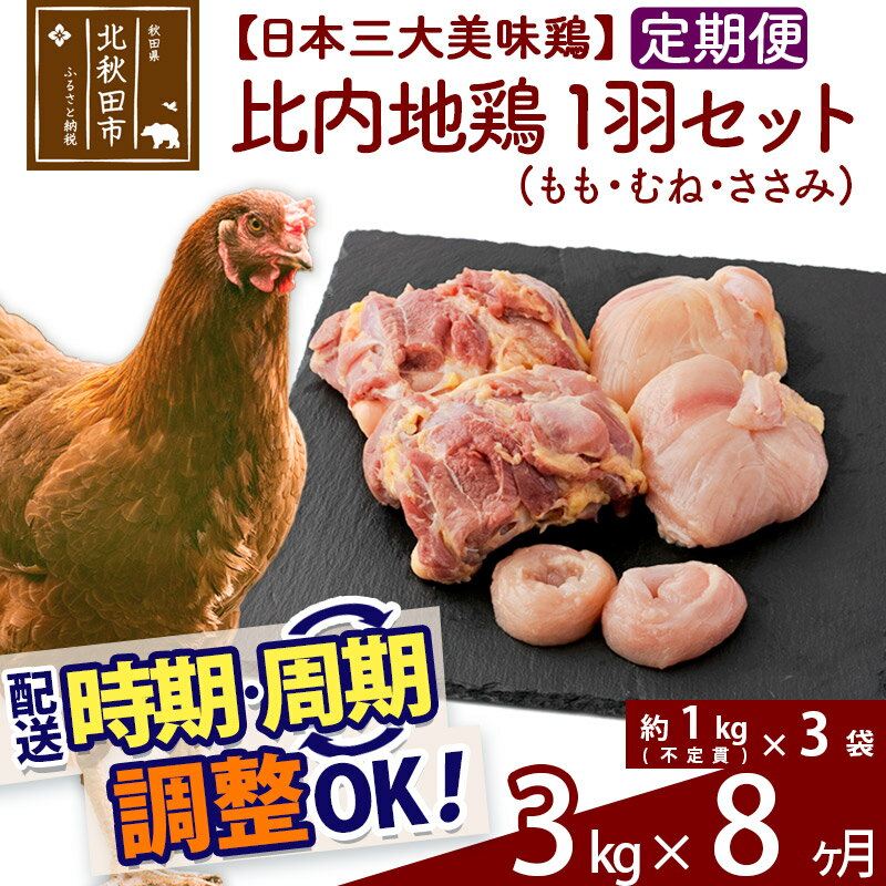 「歯ごたえ、風味は別格！日本三大美味鶏の比内地鶏」 比内地鶏のパーツのうち、大きくておいしい「もも、むね、ささみ」を正肉と呼んでいます。 こちらの返礼品は「もも、むね、ささみ」をカットせずに各2枚ずつお届けします。 比内地鶏は日本三大美味鶏のひとつに数えられ、その歯ごたえもさることながら、もも肉にはイノシン酸やアラキドン酸、カルノシン、アンセリンといった豊富な成分による味わいの深さが特徴です。JA全農北日本くみあい飼料株式会社では、飼料や飼育にこだわり、徹底した衛生管理のもと、秋田県比内地鶏ブランド認証を受けた品質を実現しています。 1枚肉なのでお好みのサイズにカットしていただき、ふだんお使いの鶏肉と同じように調理していただき、歯ごたえと風味の違いをお楽しみください。 調理法はお好みですが、歯ごたえと味があるので揚げ物よりも煮物や焼き物の方がおすすめです。 冷凍でお届けします。冷蔵庫などで解凍してお使いください。 1kg入り（不定貫）のパックを3パックセットでお届けします。■定期便について 月1回×8ヶ月連続の定期便となります。2回目以降はその翌月、同じ時期を目途に発送致します。 例）　初回発送が10月上旬の場合 　　　2回目の発送は11月上旬に発送 　　　3回目の発送は12月上旬に発送※定期便のご利用（お届け時期調整）には、規定がございます。詳しくはこちら 商品説明 名称 とり肉 産地 秋田県 内容量 3kg（約1kg(不定貫)×3袋）×8ヶ月（セット内容：モモ肉・ムネ肉・ササミ　各2枚） 配送温度帯 冷凍 賞味期限 加工日より2年間 提供元 JA全農北日本くみあい飼料株式会社 たかのす事業所　秋田比内地鶏加工センター 秋田県北秋田市川井字漣岱72 配送不可地域 離島 ・寄付申込みのキャンセル、返礼品の変更・返品はできません。あらかじめご了承ください。 ・ふるさと納税よくある質問はこちら