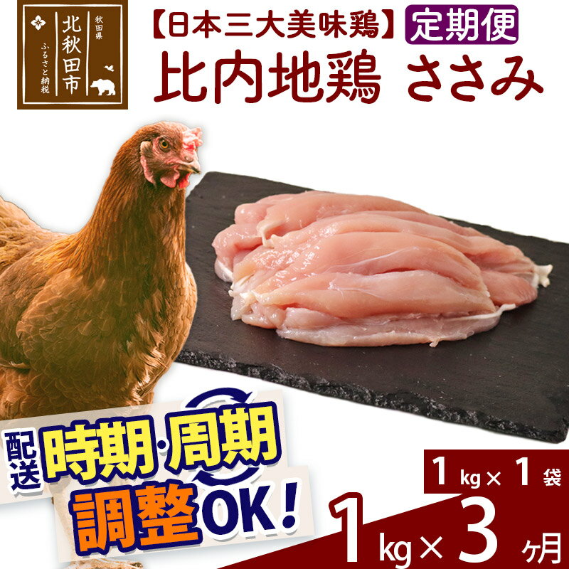 [定期便3ヶ月] 比内地鶏 ささみ 1kg(1kg×1袋)×3回 計3kg 時期選べる お届け周期調整可能 3か月 3ヵ月 3カ月 3ケ月 3キロ 国産 冷凍 鶏肉 鳥肉 とり肉 ササミ