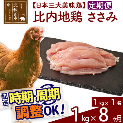 《定期便8ヶ月》 比内地鶏 ささみ 1kg（1kg×1袋）×8回 計8kg 時期選べる お届け周期調整可能 8か月 8ヵ月 8カ月 8ケ月 8キロ 国産 冷凍 鶏肉 鳥肉 とり肉 ササミ