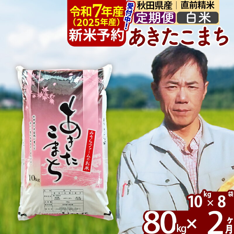 ※令和6年産 新米予約※《定期便2ヶ月》秋田県産 あきたこまち 80kg【白米】(10kg袋) 2024年産 お届け周期調整可能 隔月に調整OK お米 みそらファーム