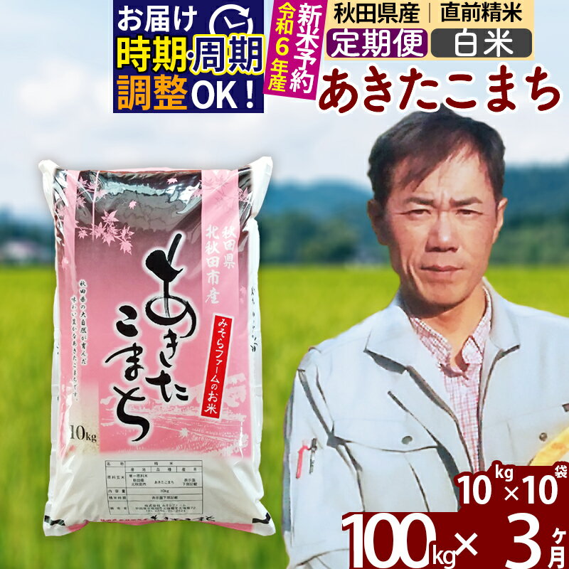 ※令和6年産 新米予約※《定期便3ヶ月》秋田県産 あきたこまち 100kg【白米】(10kg袋) 2024年産 お届け周期調整可能 隔月に調整OK お米 みそらファーム