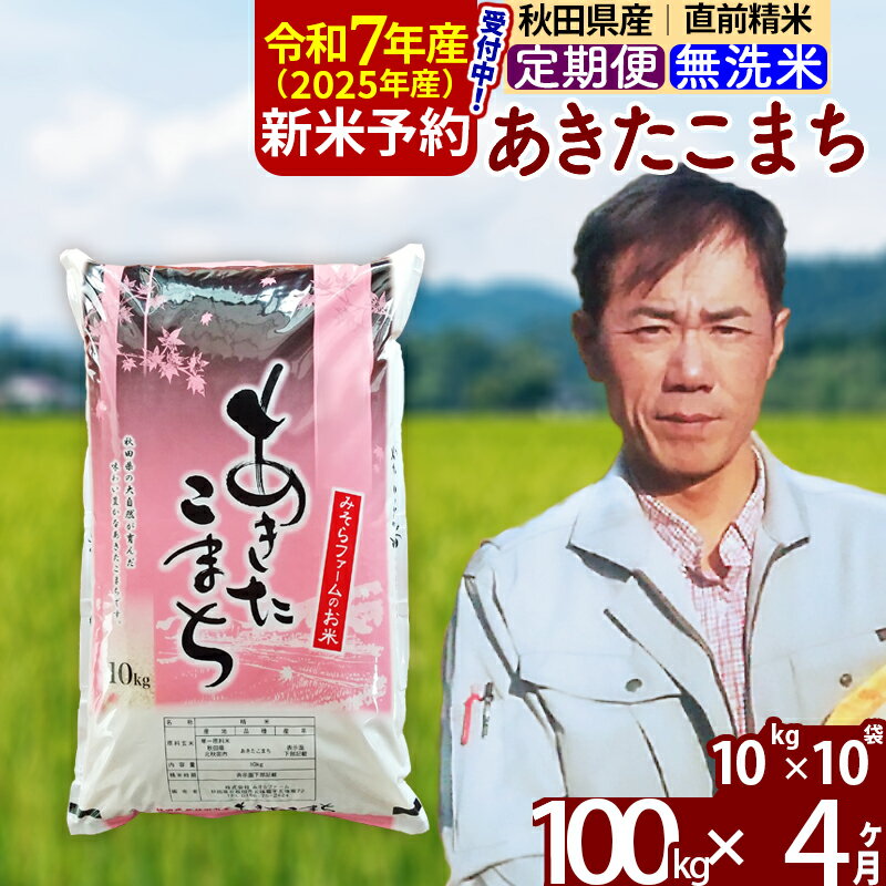 【ふるさと納税】※令和7年産 新米予約※《定期便4ヶ月》秋田県産 あきたこまち 100kg【無洗米】(10kg袋) 2025年産 お届け周期調整可能 隔月に調整OK お米 みそらファーム