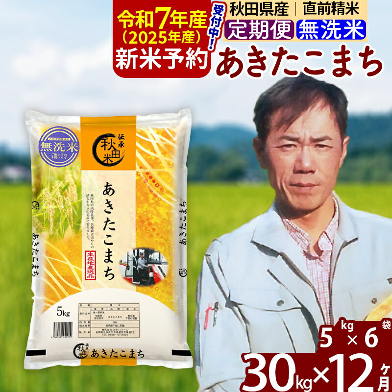 【ふるさと納税】※令和7年産 新米予約※《定期便12ヶ月》秋田県産 あきたこまち 30kg【無洗米】(5kg小分け袋) 2025年産 お届け周期調整可能 隔月に調整OK お米 みそらファーム